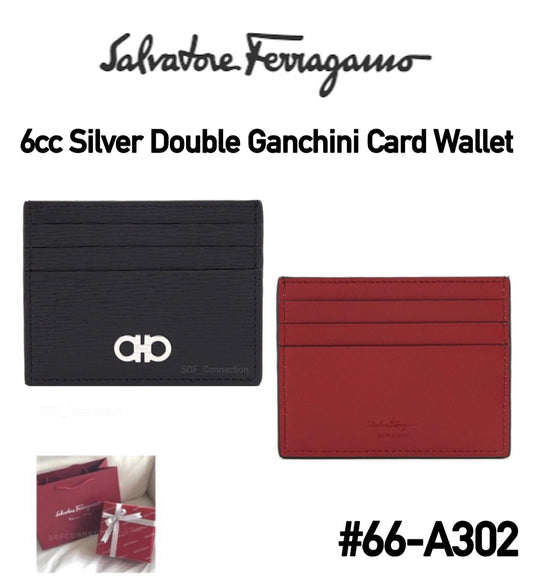 [6cc Card Wallet #66-A302] Salvatore Ferragamo Silver Double Ganchini